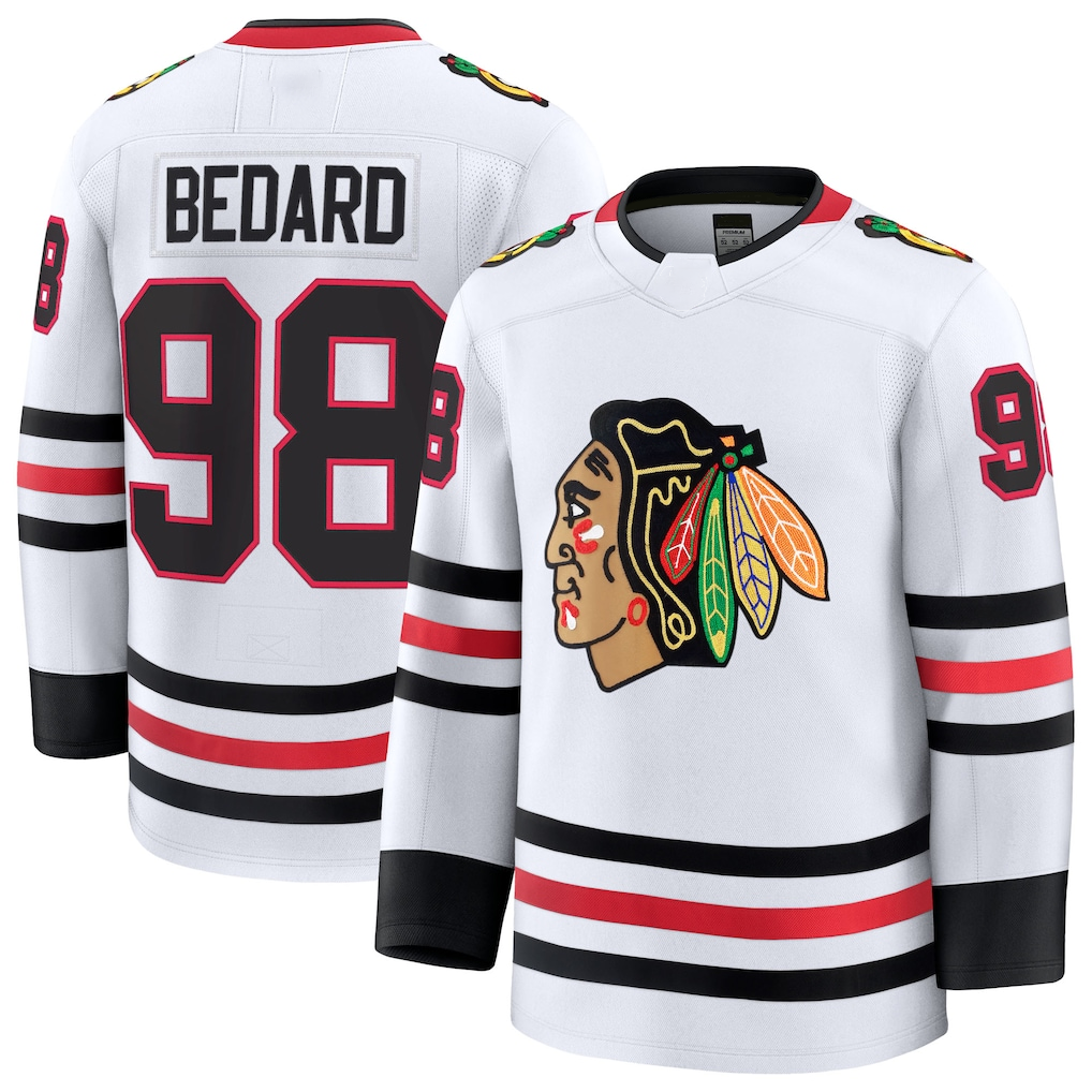 Rebec C.Blackhawks #98 Connor Bedard White Away Premium Jerseys
