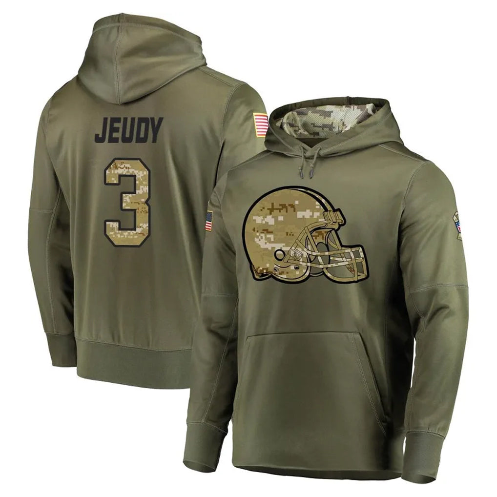 Rebec C.Browns #3 Jerry Jeudy Player Olive Salute to Service Pullover Hoodies Home Game Stitched Jerseys