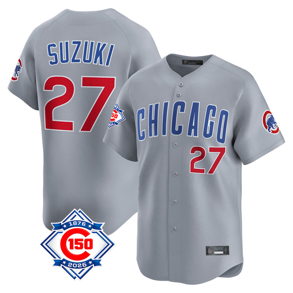 Rebec C.Cubs #27 Seiya Suzuki Player Gray Road 150th Anniversary Limited Home Stitched Jerseys