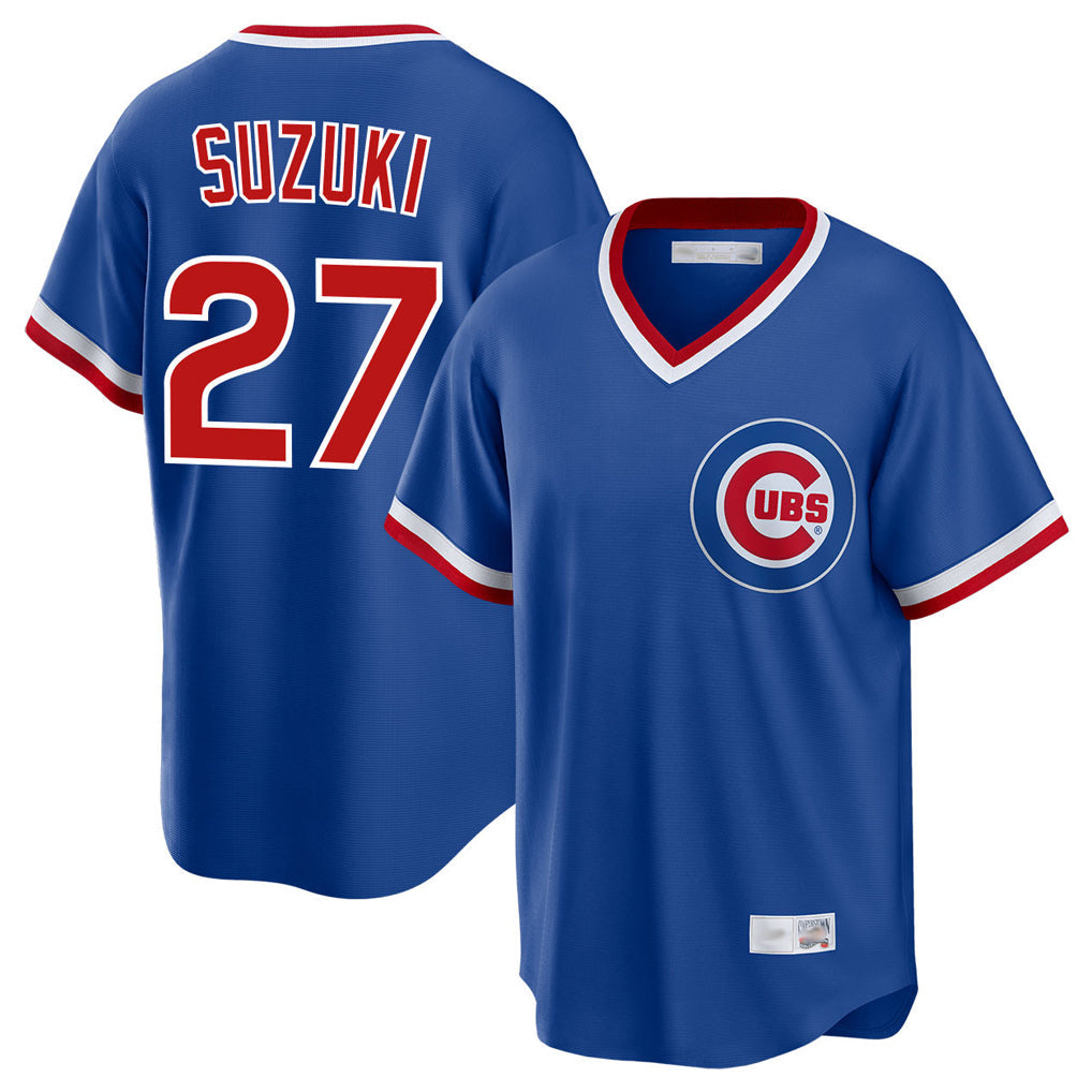 Rebec C.Cubs #27 Seiya Suzuki Player Royal T-shirt Cooperstown Collection Limited Stitched Jerseys