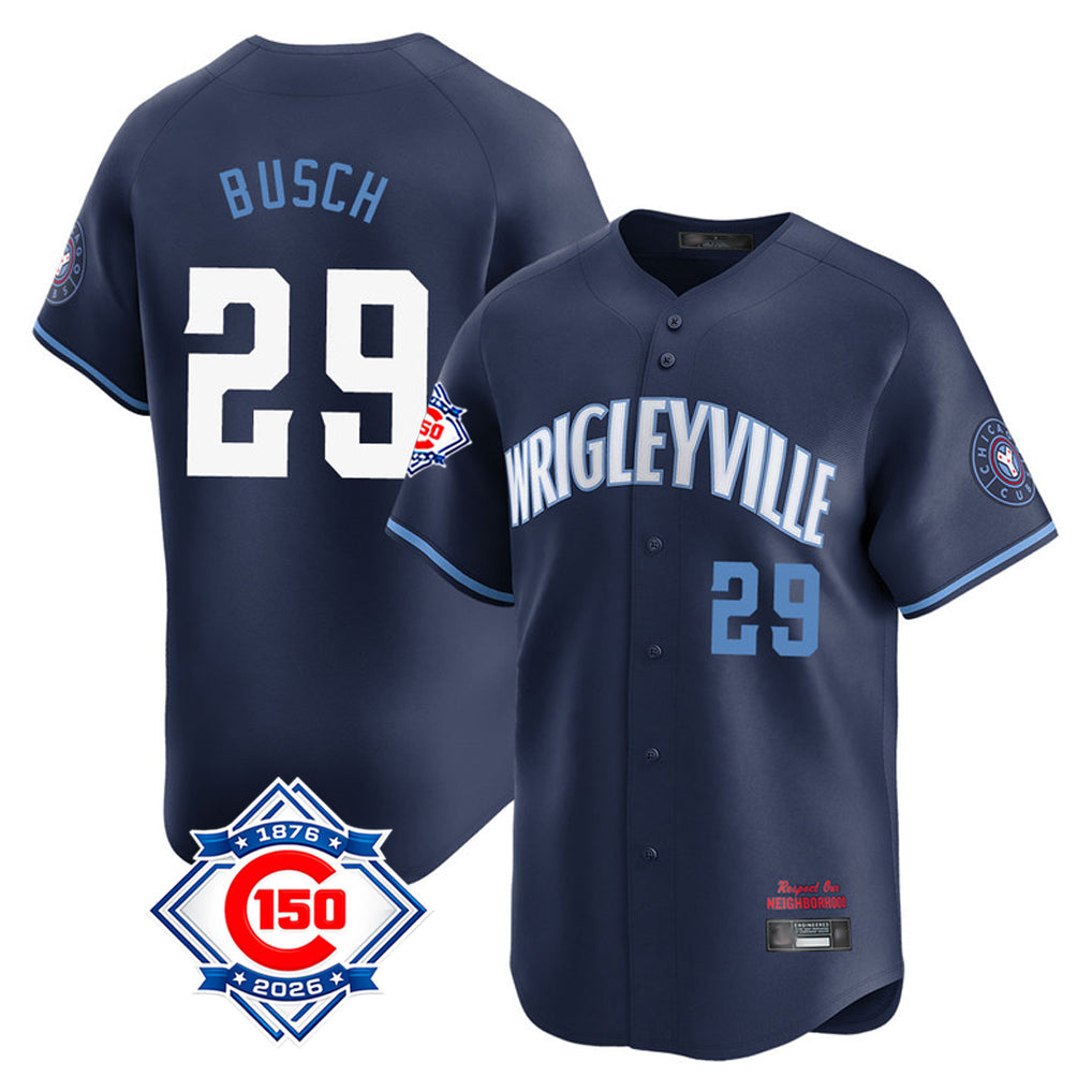 Rebec C.Cubs #29 Michael Busch Player Navy City Connect 150th Anniversary Limited Home Stitched Jerseys