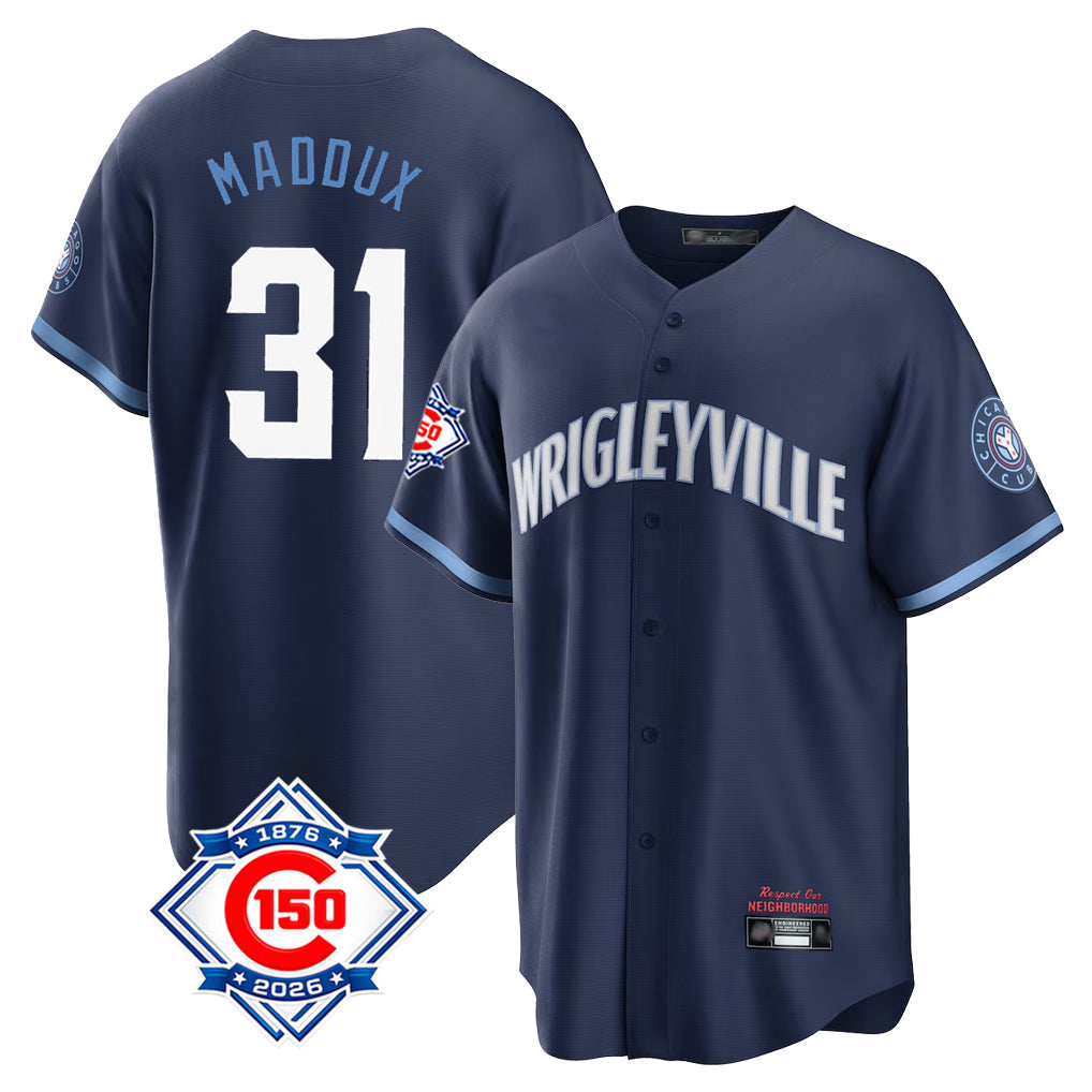 Rebec C.Cubs #31 Greg Maddux Player Navy 150th Anniversary City Connect Home Game Stitched Jerseys