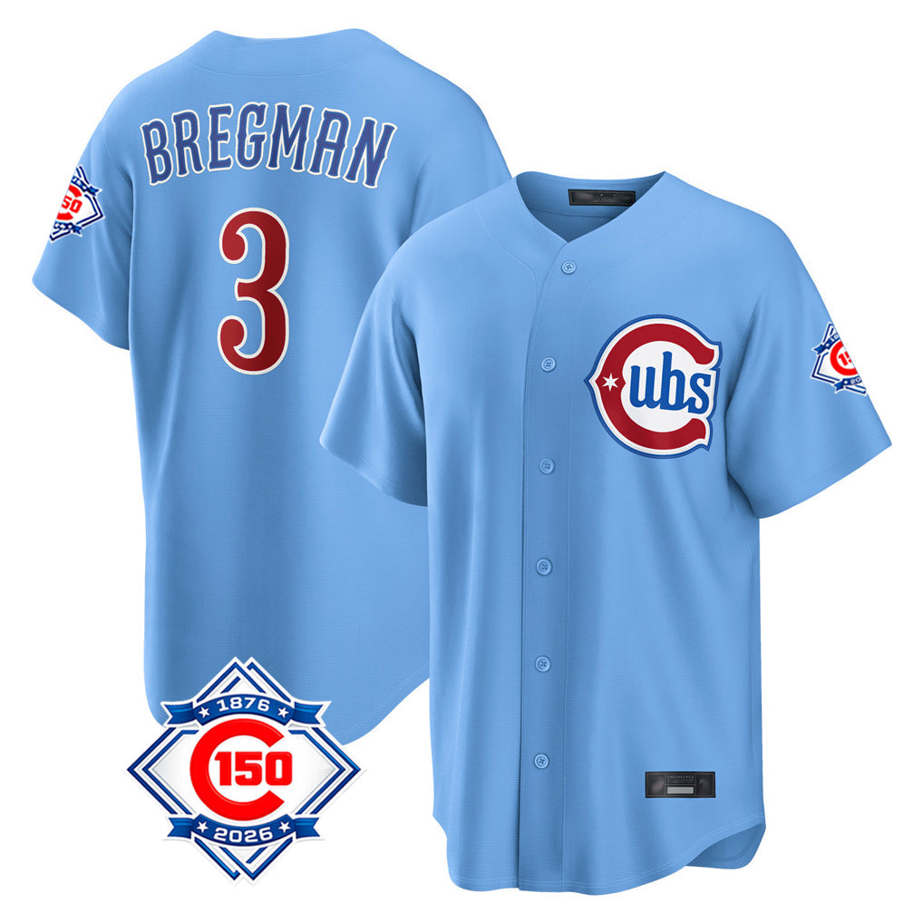 Rebec C.Cubs #3 Alex Bregman Light Blue 150th Anniversary Home Game Stitched Jerseys