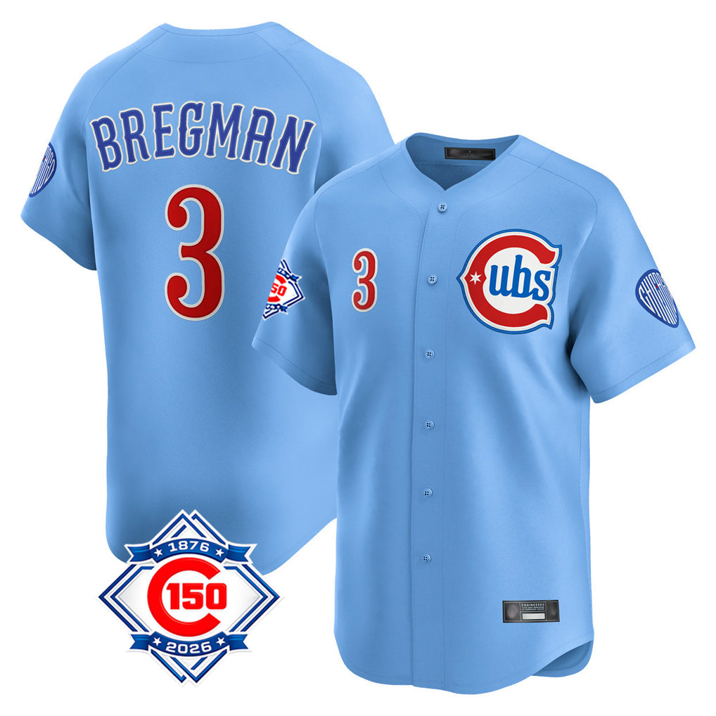 Rebec C.Cubs #3 Alex Bregman Light Blue 150th Anniversary Limited Home Stitched Jerseys