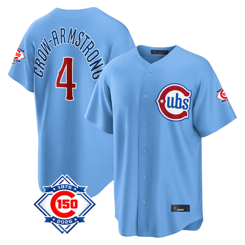 Rebec C.Cubs #4 Pete Crow-Armstrong Player Light Blue 150th Anniversary Home Game Stitched Jerseys