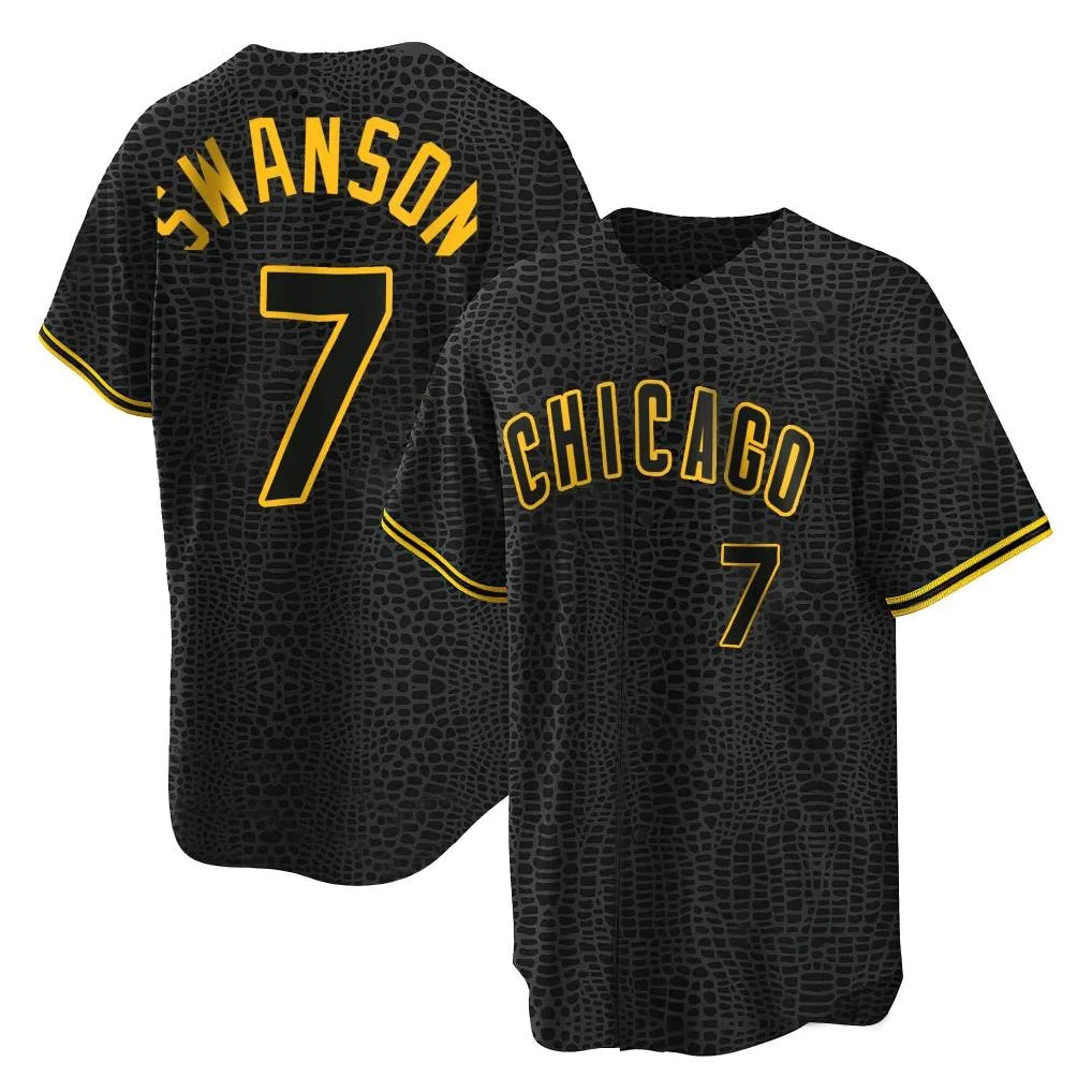 Rebec C.Cubs #7 Dansby Swanson Player Black Snake Skin City Game Stitched Jerseys