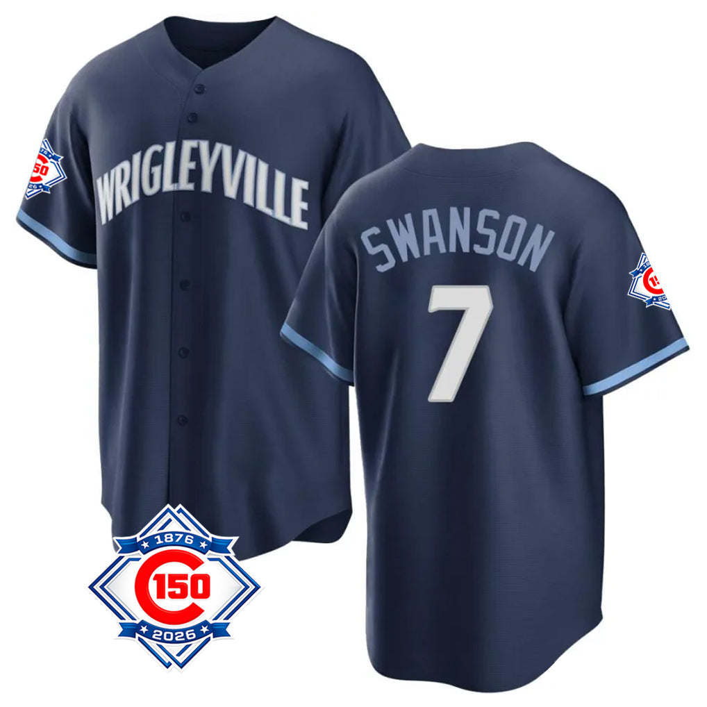 Rebec C.Cubs #7 Dansby Swanson Player Navy 150th Anniversary City Connect Home Game Stitched Jerseys