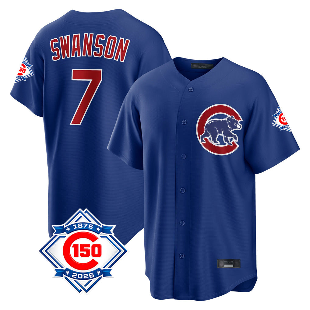 Rebec C.Cubs #7 Dansby Swanson Player Royal 150th Anniversary Home Game Stitched Jerseys