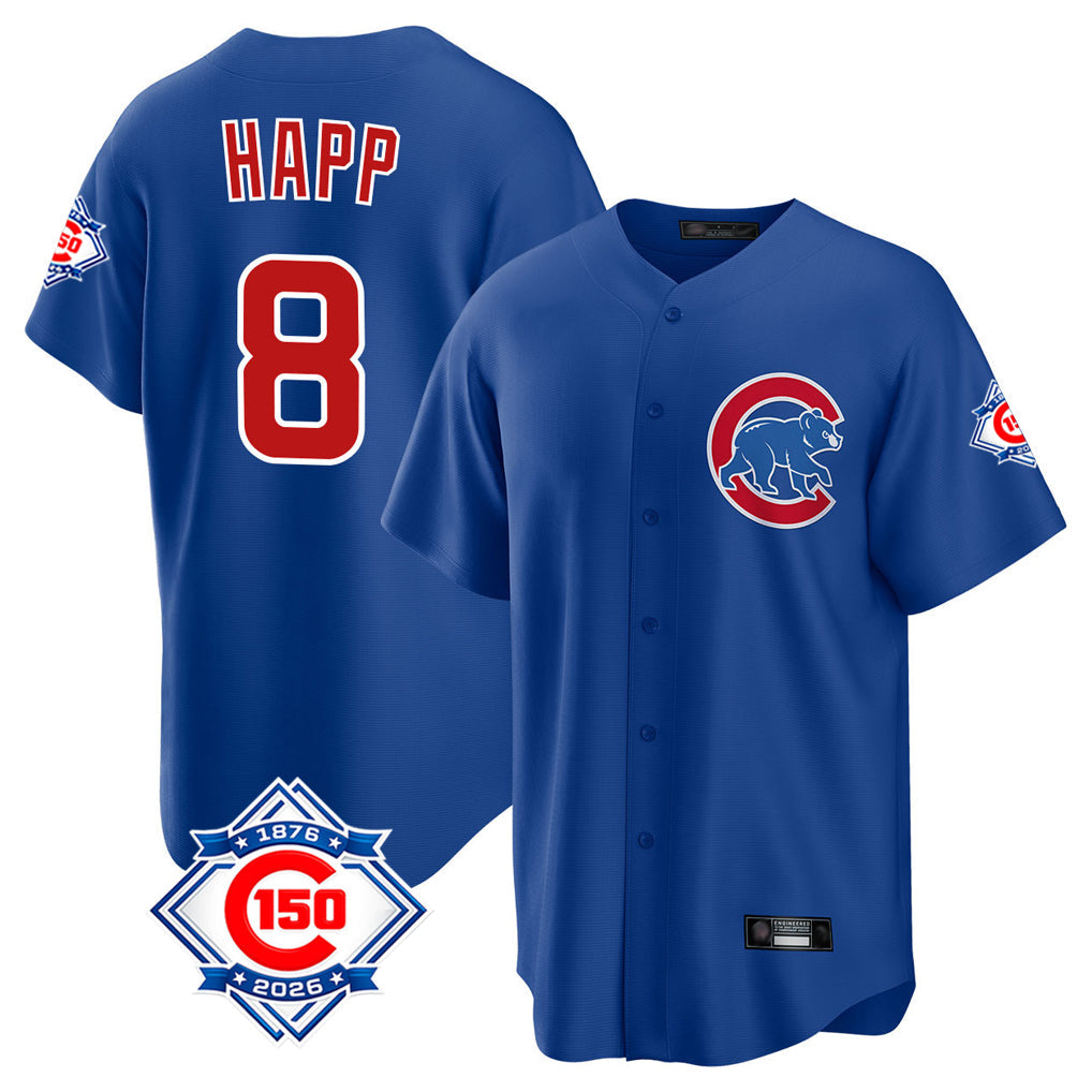 Rebec C.Cubs #8 Ian Happ Player Royal 150th Anniversary Home Game Stitched Jerseys