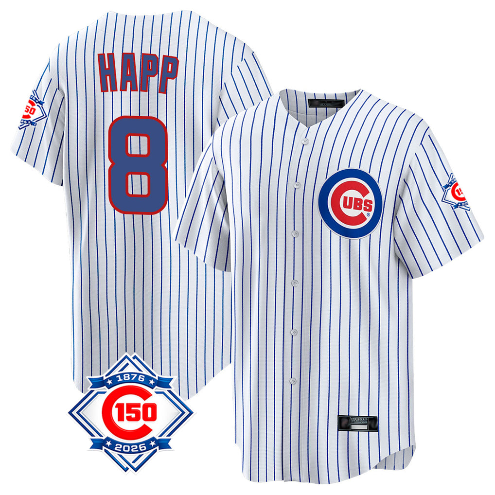 Rebec C.Cubs #8 Ian Happ Player White 150th Anniversary Home Game Stitched Jerseys