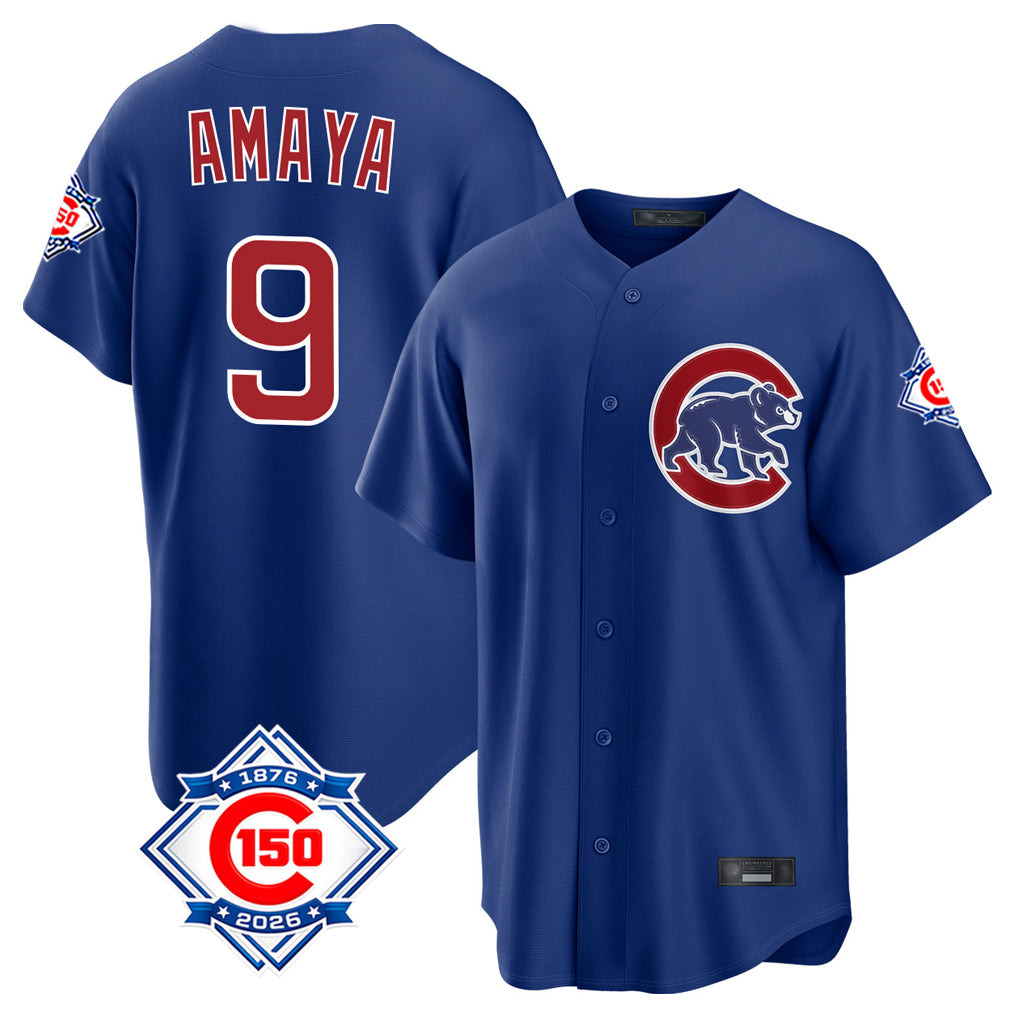 Rebec C.Cubs #9 Miguel Amaya Player Royal 150th Anniversary Home Game Stitched Jerseys