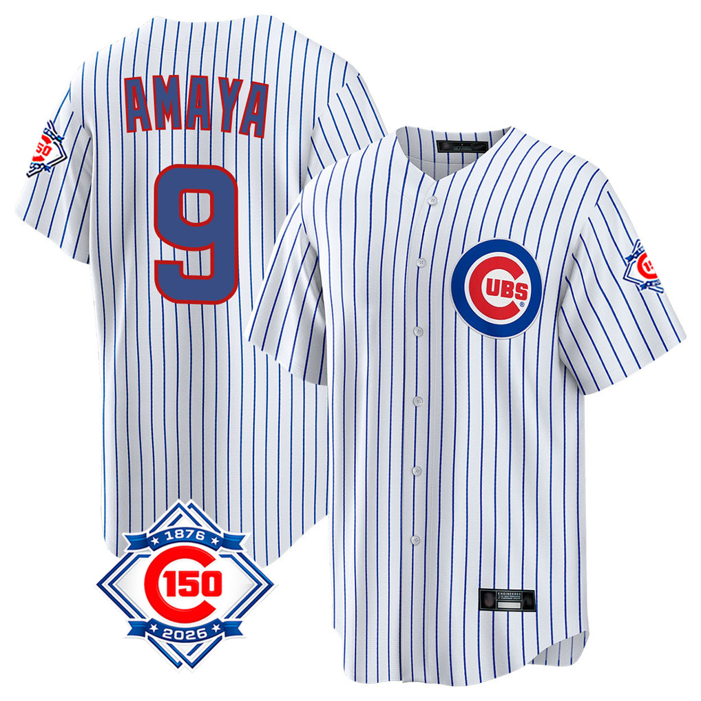 Rebec C.Cubs #9 Miguel Amaya Player White 150th Anniversary Home Game Stitched Jerseys