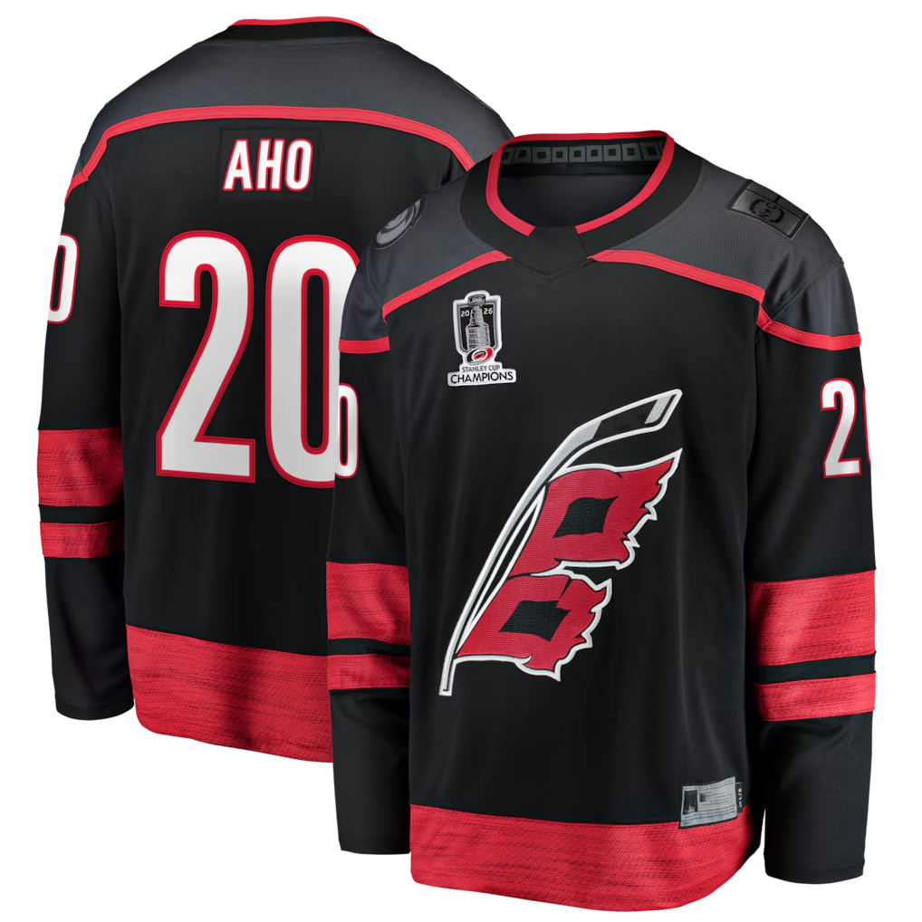 Rebec C.Hurricanes #20 Sebastian Aho Black 2026 Stanley Cup Champions Home Breakaway Stitched Jerseys