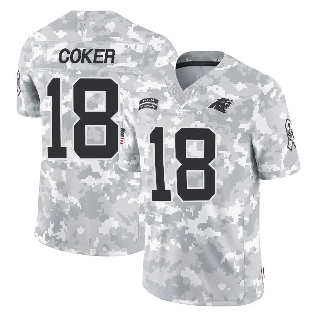 Rebec C.Panthers #18 Jalen Coker Player Arctic Camo Salute to Service Limited Game Stitched Jerseys