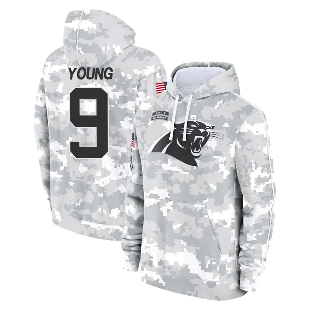 Rebec C.Panthers #9 Bryce Young Player Arctic Camo Salute to Service Pullover Hoodies Limited Game Stitched Jerseys