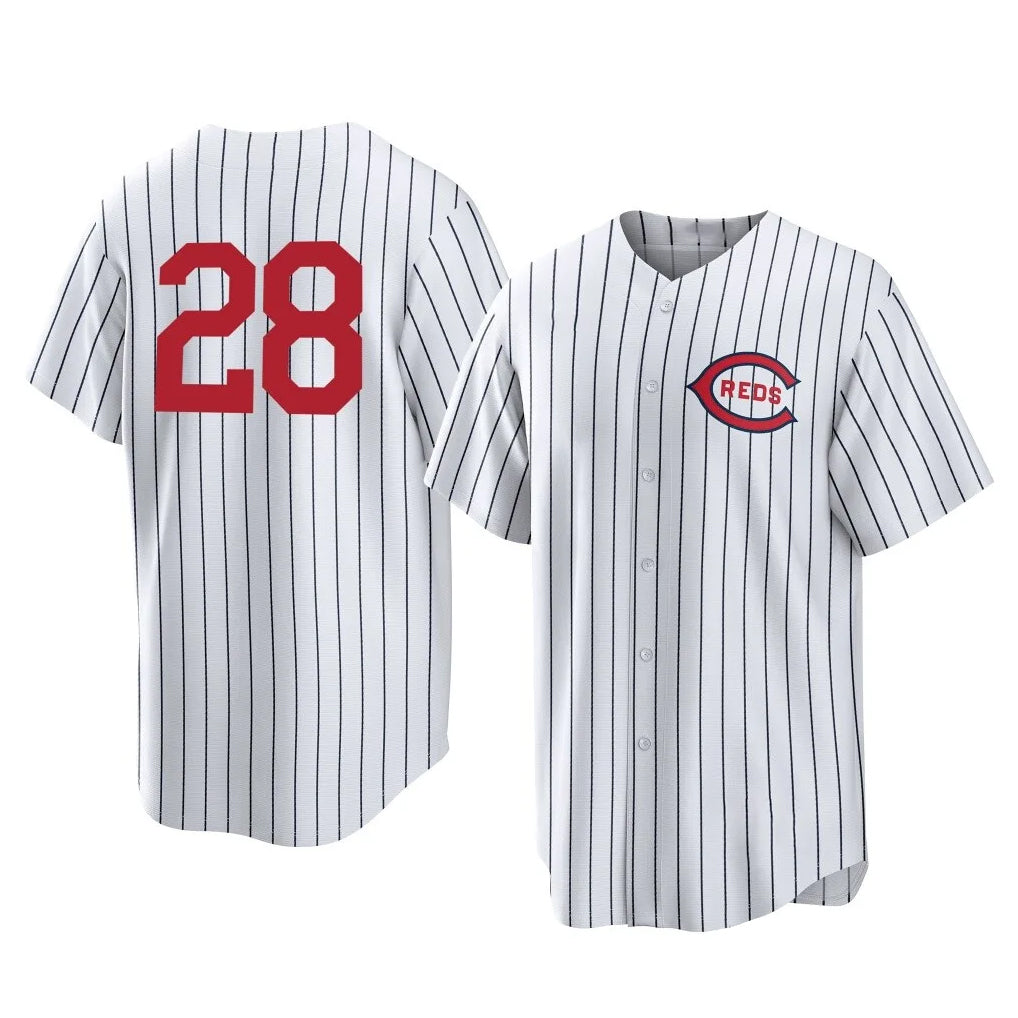 Rebec C.Reds #28 Eugenio Su¨¢rez Player White Stripe Field of Dreams Game Home Stitched Jerseys