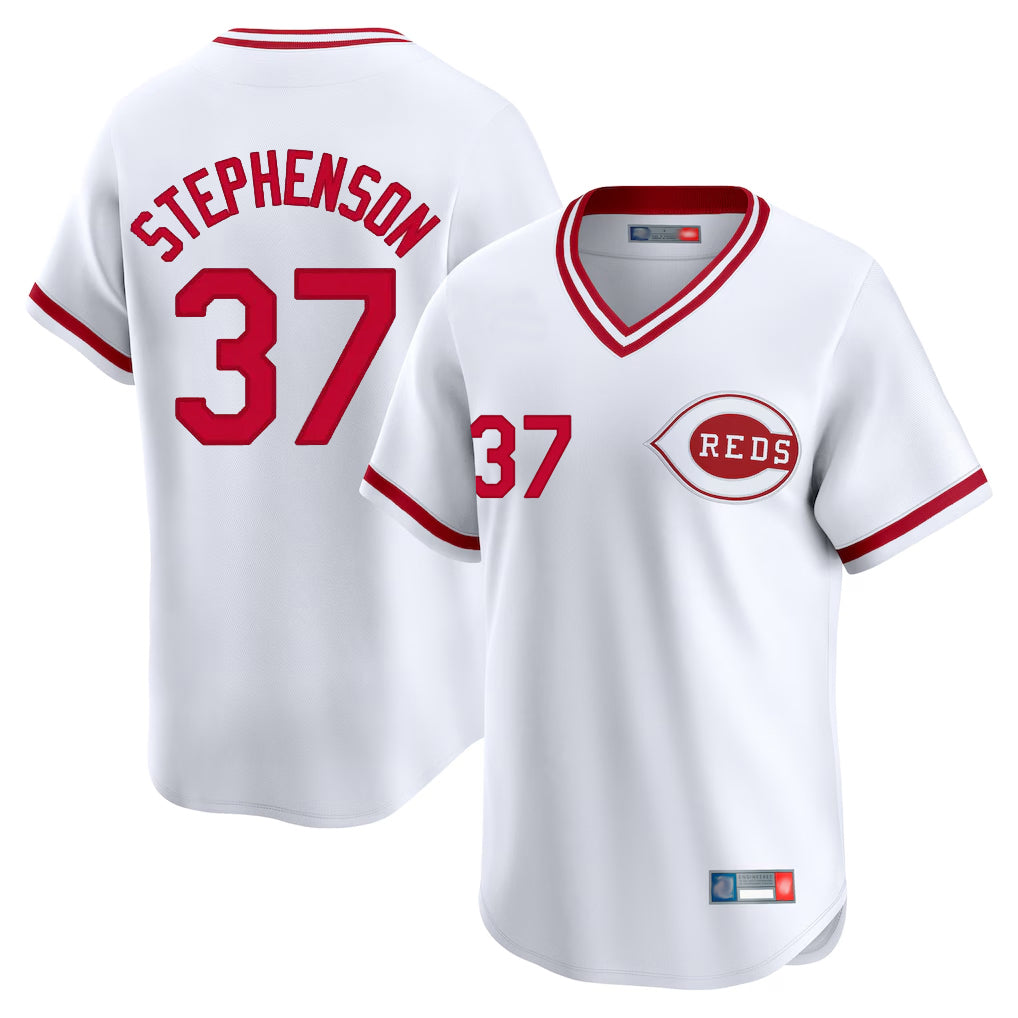 Rebec C.Reds #37 Tyler Stephenson Player White Cooperstown Collection Limited T-shirt Home Stitched Jerseys