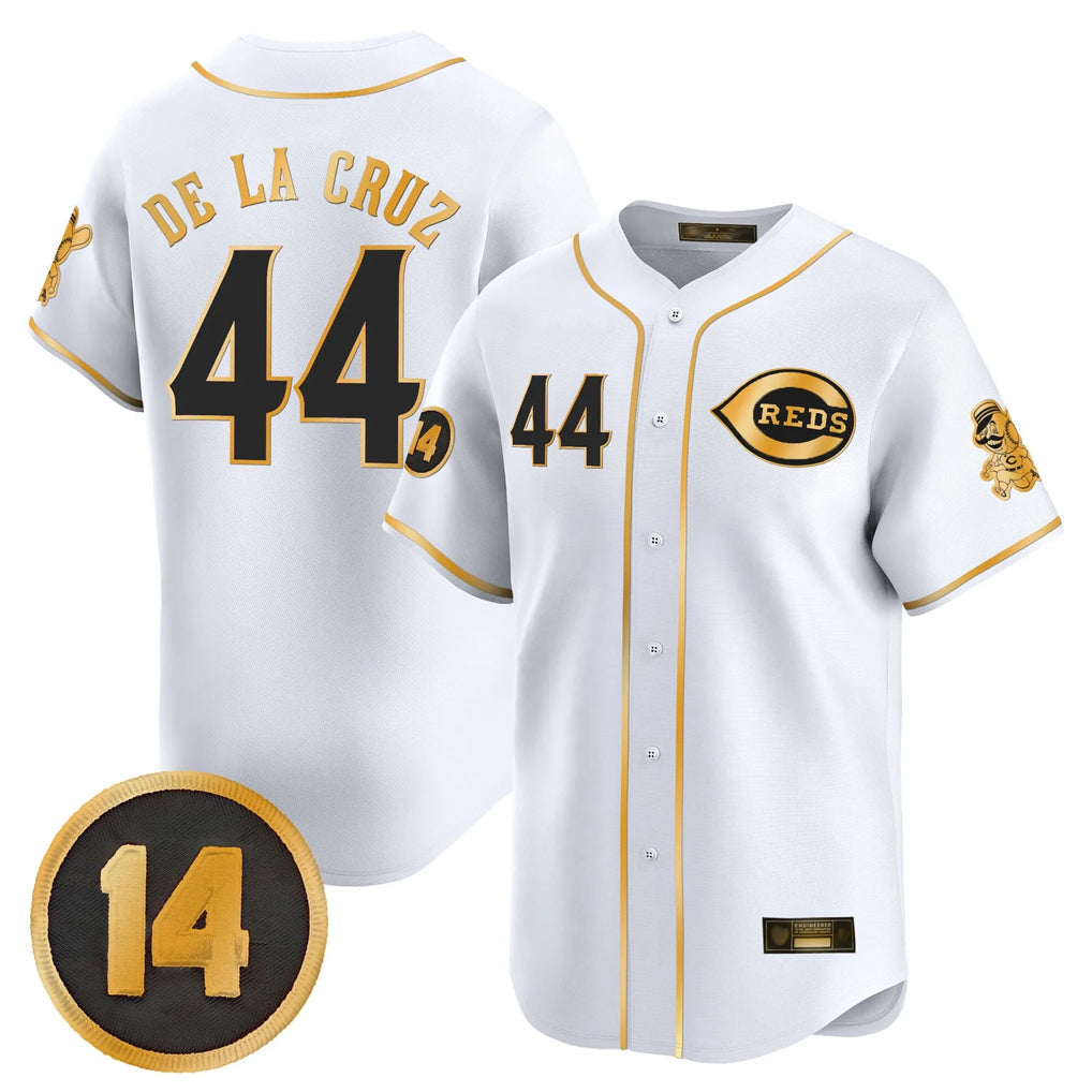 Rebec C.Reds #44 Elly De La Cruz Player White-Gold Vapor Premier Limited Home Stitched Jerseys