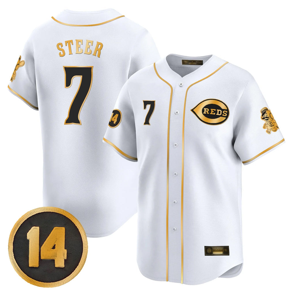Rebec C.Reds #7 Spencer Steer Player White-Gold Vapor Premier Limited Home Stitched Jerseys