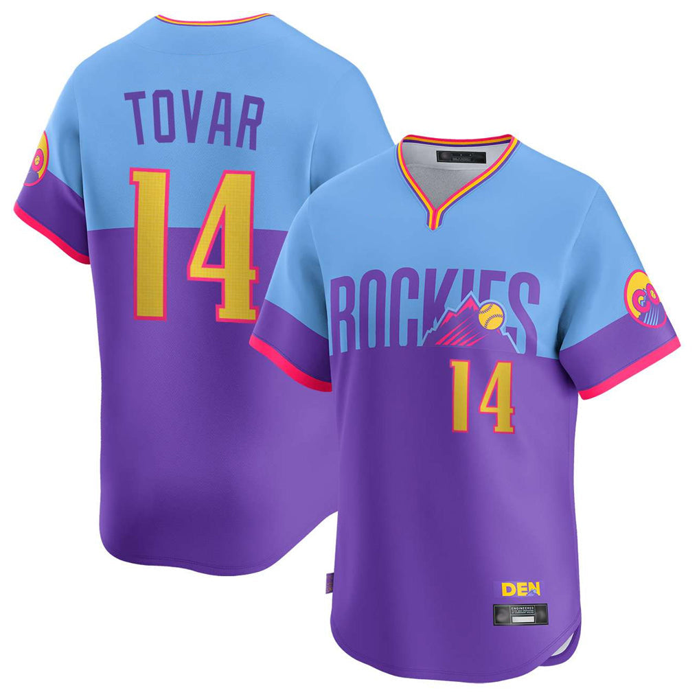 Rebec C.Rockies #14 Ezequiel Tovar Player Purple-Light Blue City Connect Limited Home T-shirt Stitched Jerseys