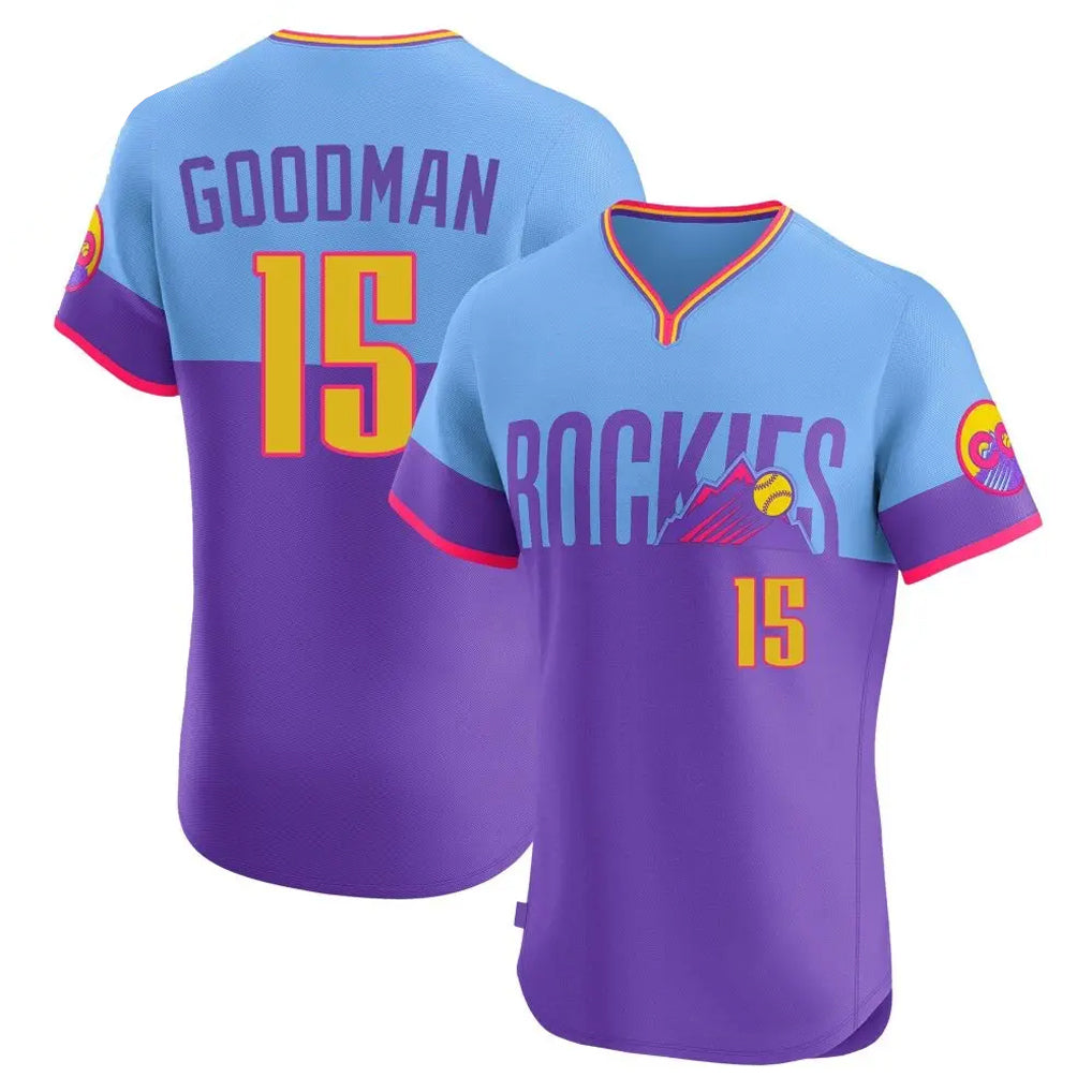 Rebec C.Rockies #15 Hunter Goodman Player Purple-Light Blue City Connect Limited Elite Home T-shirt Stitched Jerseys