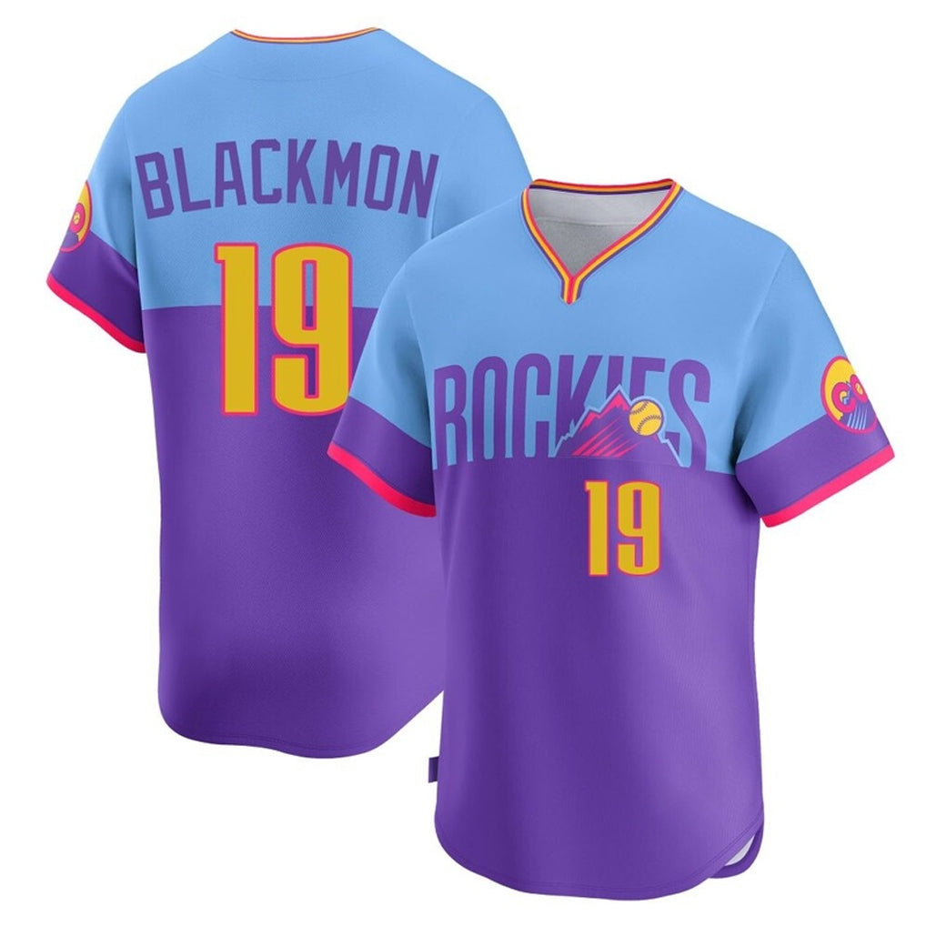 Rebec C.Rockies #19 Charlie Blackmon Player Purple-Light Blue City Connect Limited Home T-shirt Stitched Jerseys