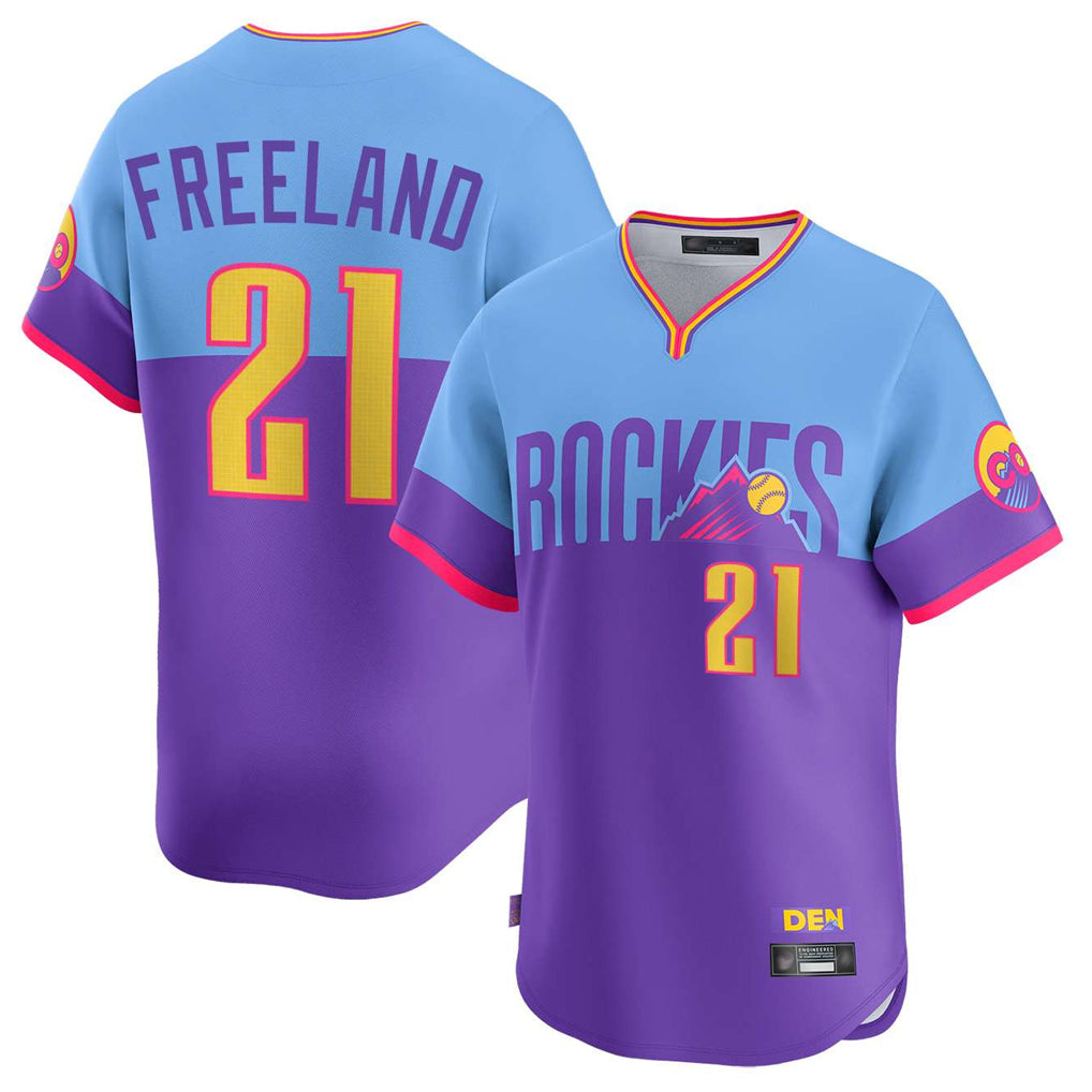 Rebec C.Rockies #21 Kyle Freeland Player Purple-Light Blue City Connect Limited Home T-shirt Stitched Jerseys