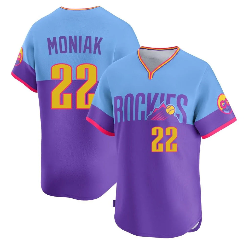 Rebec C.Rockies #22 Mickey Moniak Player Purple-Light Blue City Connect Limited Home T-shirt Stitched Jerseys