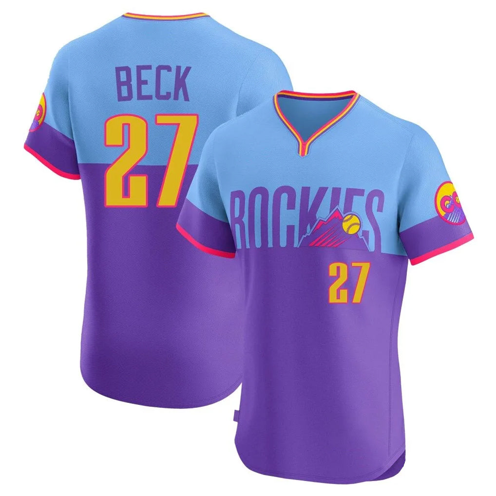 Rebec C.Rockies #27 Jordan Beck Player Purple-Light Blue City Connect Limited Elite Home T-shirt Stitched Jerseys