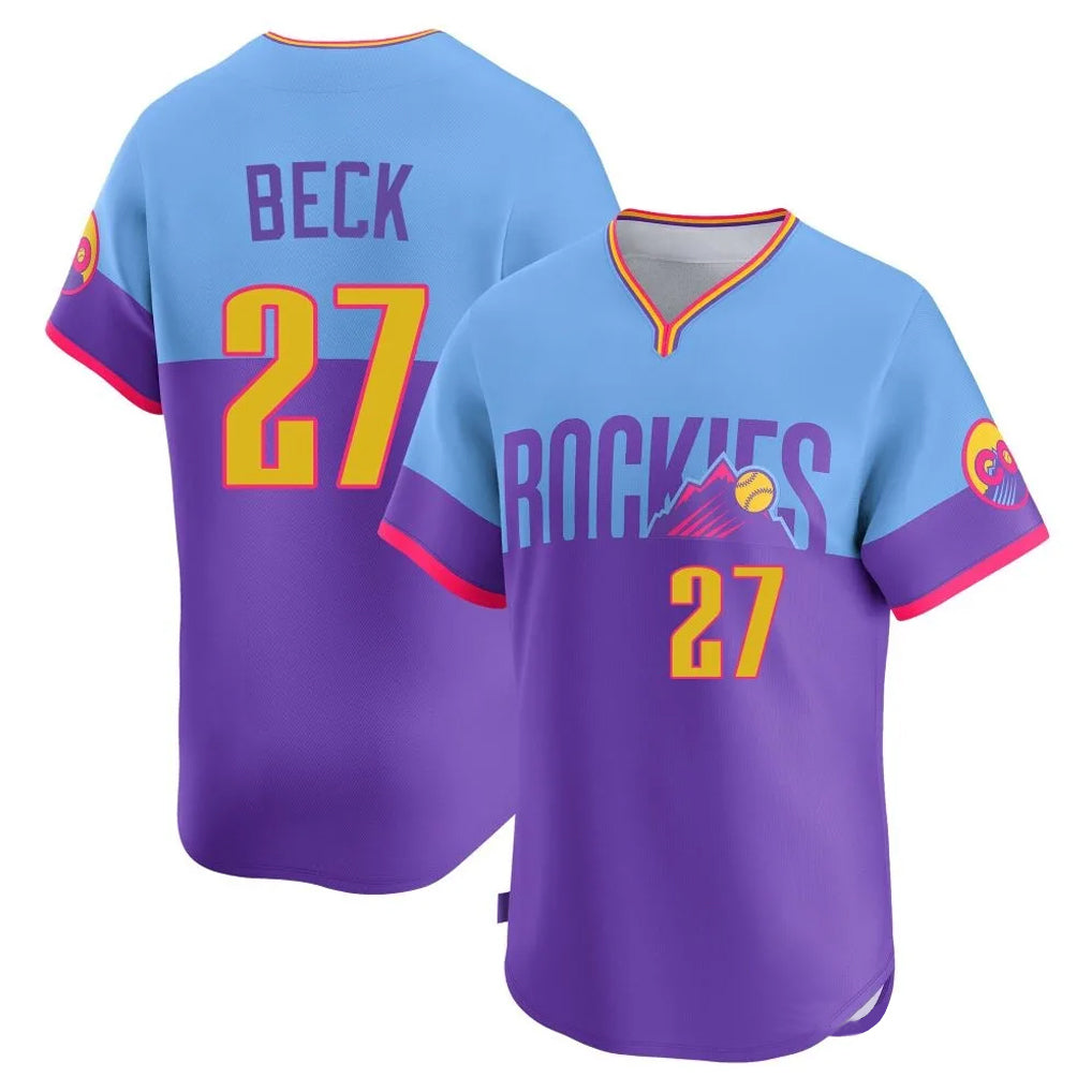 Rebec C.Rockies #27 Jordan Beck Player Purple-Light Blue City Connect Limited Home T-shirt Stitched Jerseys