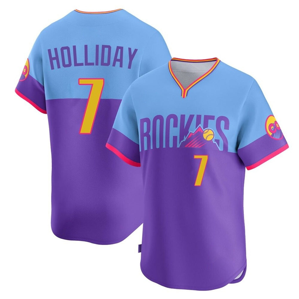 Rebec C.Rockies #7 Matt Holliday Player Purple-Light Blue City Connect Limited Home T-shirt Stitched Jerseys