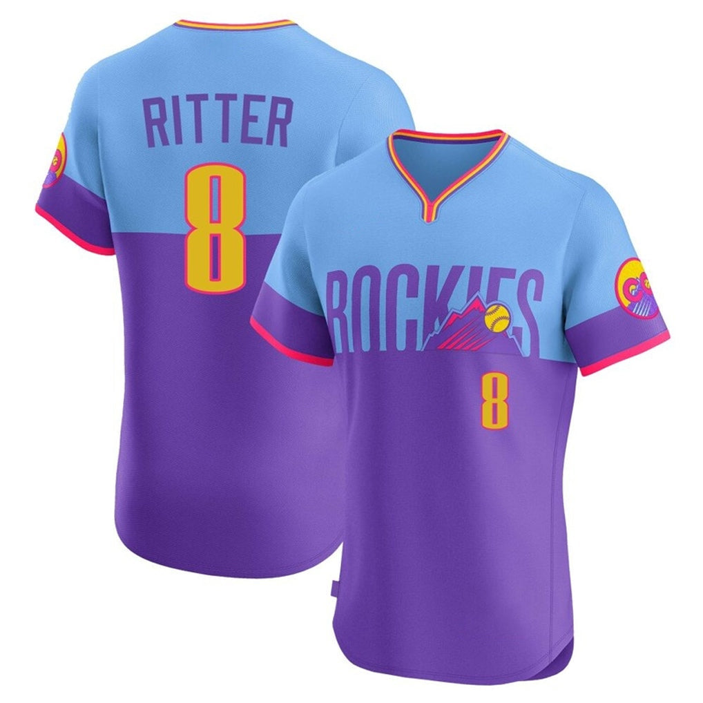 Rebec C.Rockies #8 Ryan Ritter Player Purple-Light Blue City Connect Limited Elite Home T-shirt Stitched Jerseys