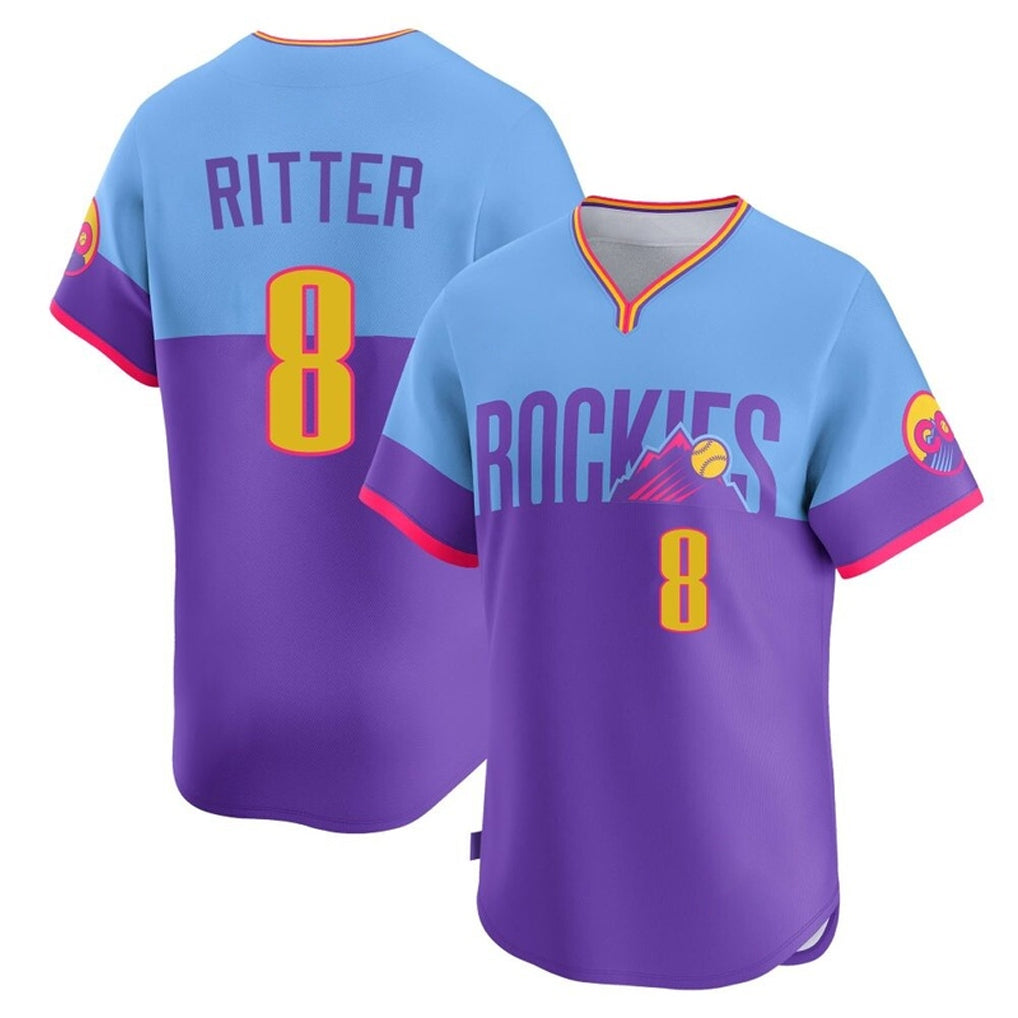 Rebec C.Rockies #8 Ryan Ritter Player Purple-Light Blue City Connect Limited Home T-shirt Stitched Jerseys