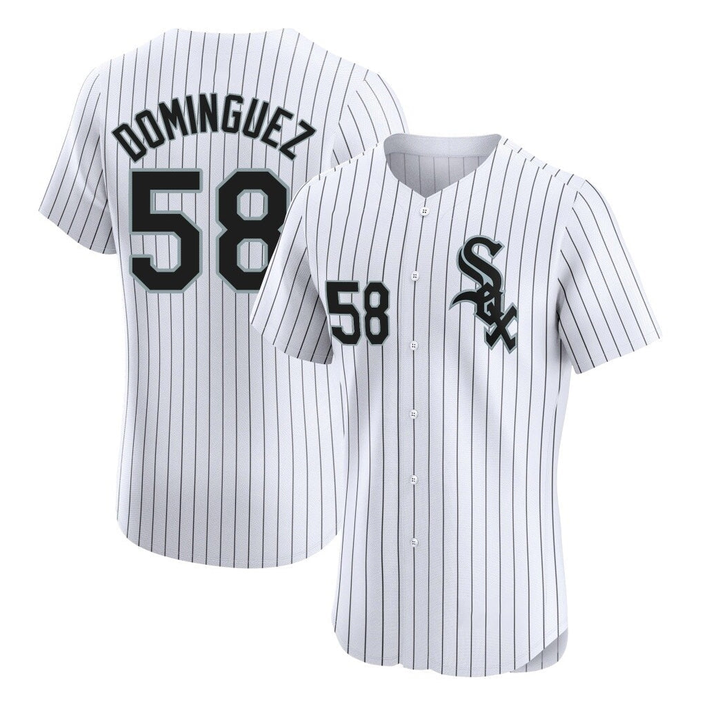 Rebec C.White Sox #58 Seranthony Dom¨ªnguez Player White Stripe Limited Elite Home Stitched Jerseys