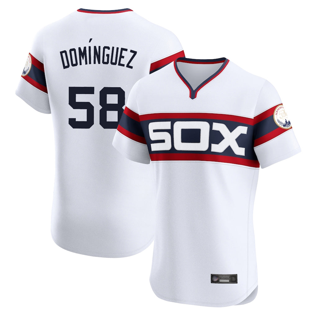 Rebec C.White Sox #58 Seranthony Dom¨ªnguez Player White T-shirt Limited Elite Home Stitched Jerseys