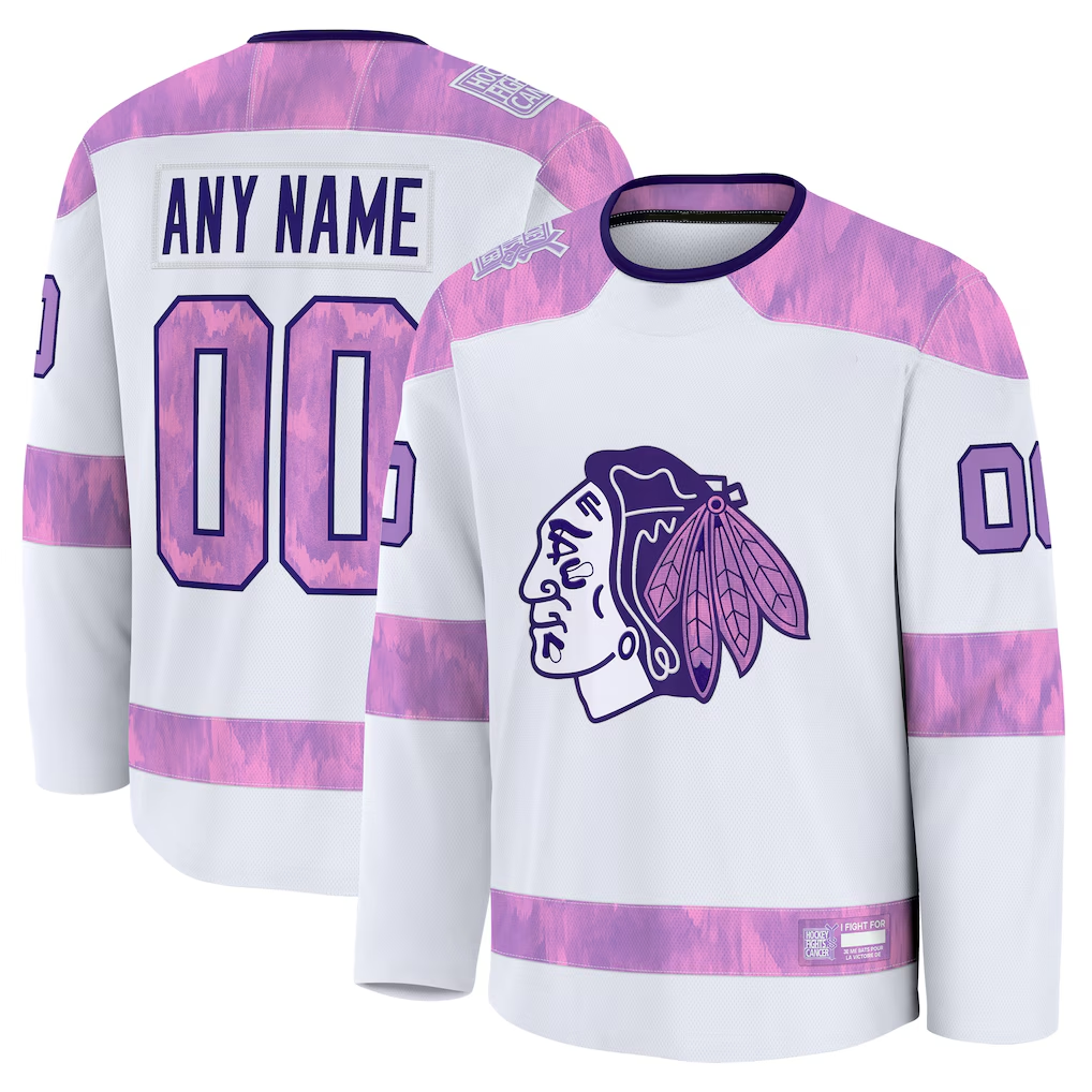 Rebec Custom C.Blackhawks White 2024 Hockey Fights Cancer Practice Jerseys