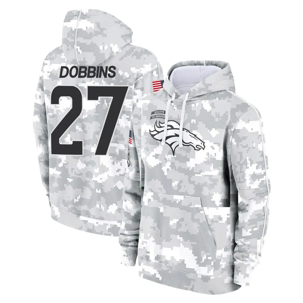 Rebec D.Broncos #27 J.K. Dobbins Player Arctic Camo Salute to Service Hoodies Limited Game Stitched Jerseys