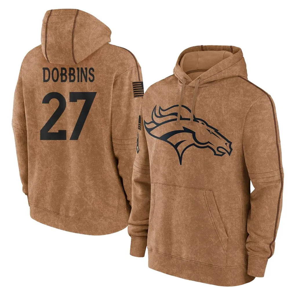 Rebec D.Broncos #27 J.K. Dobbins Player Brown Salute to Service Hoodies Limited Game Stitched Jerseys
