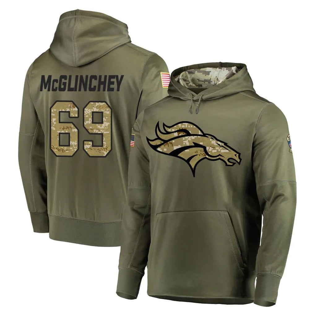 Rebec D.Broncos #69 Mike McGlinchey Player Olive Salute to Service Pullover Hoodies Home Game Stitched Jerseys