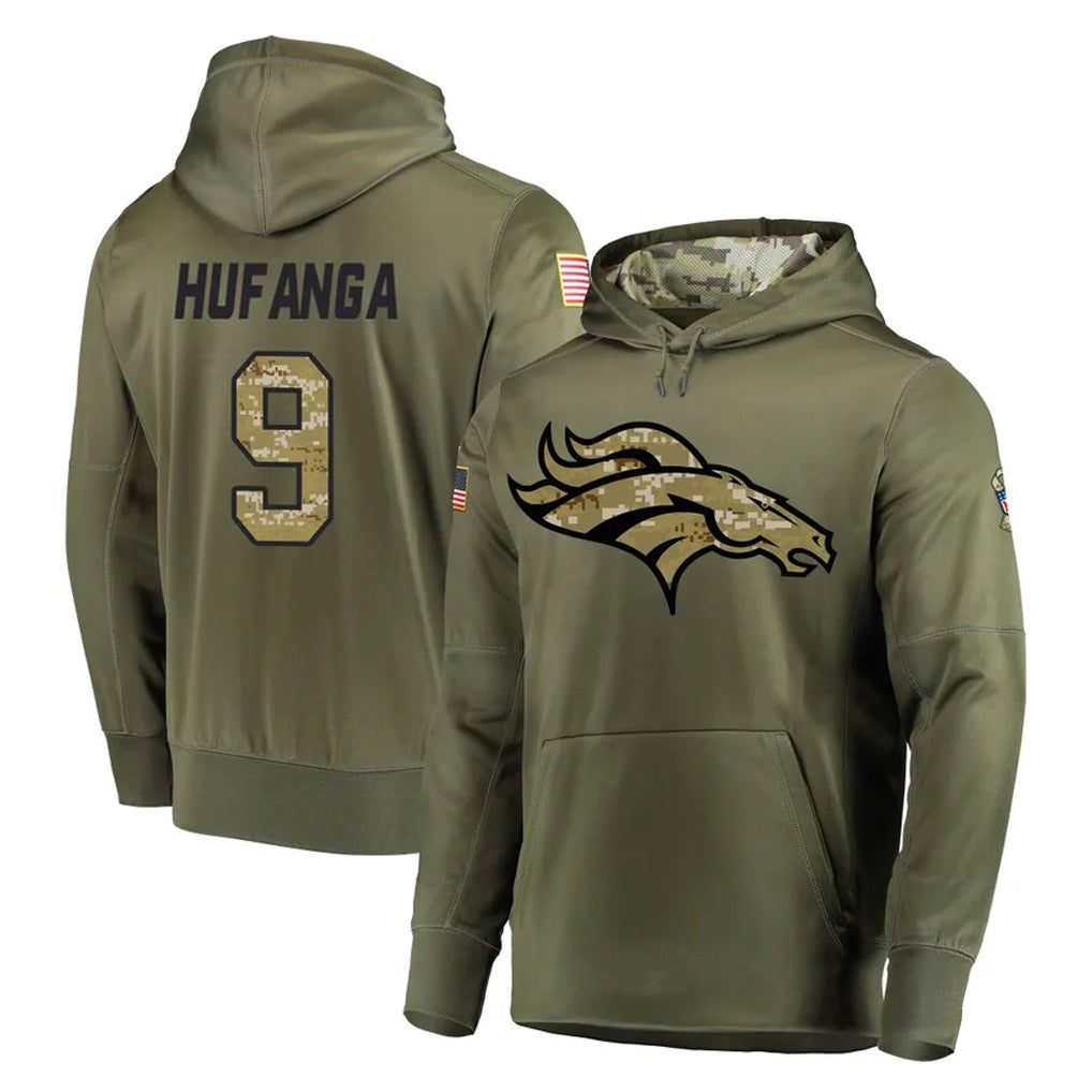 Rebec D.Broncos #9 Talanoa Hufanga Player Olive Salute to Service Pullover Hoodies Home Game Stitched Jerseys