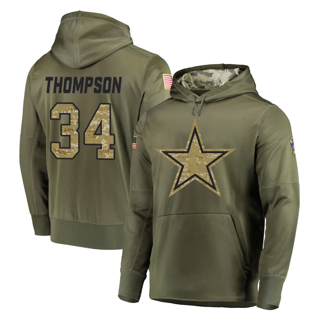 Rebec D.Cowboys #34 Jalen Thompson Player Olive Salute to Service Pullover Hoodies Home Game Stitched Jerseys