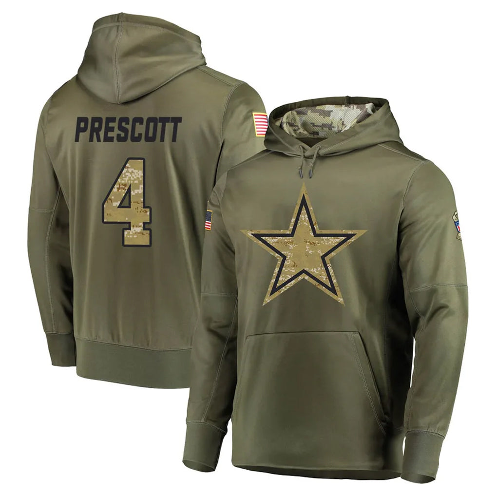 Rebec D.Cowboys #4 Dak Prescott Player Olive Salute to Service Pullover Hoodies Home Game Stitched Jerseys