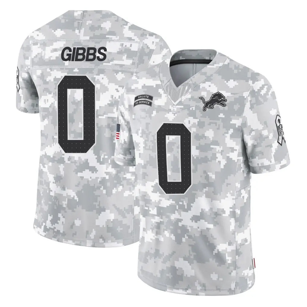 Rebec D.Lions #0 Jahmyr Gibbs Player Arctic Camo Salute To Service Limited Stitched Jerseys