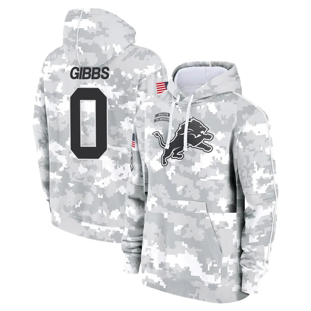 Rebec D.Lions #0 Jahmyr Gibbs Player Arctic Camo Salute to Service Hoodies Limited Game Stitched Jerseys