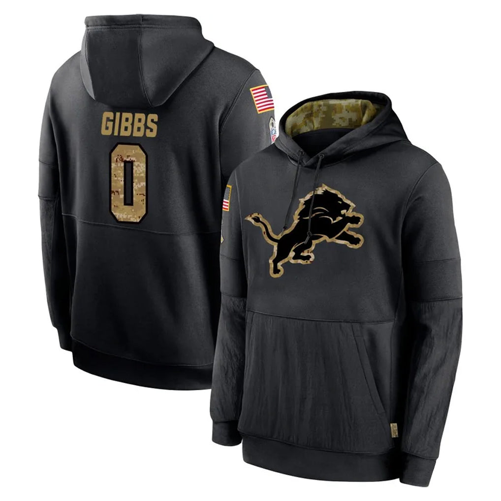 Rebec D.Lions #0 Jahmyr Gibbs Player Black Salute to Service Hoodies Limited Game Stitched Jerseys