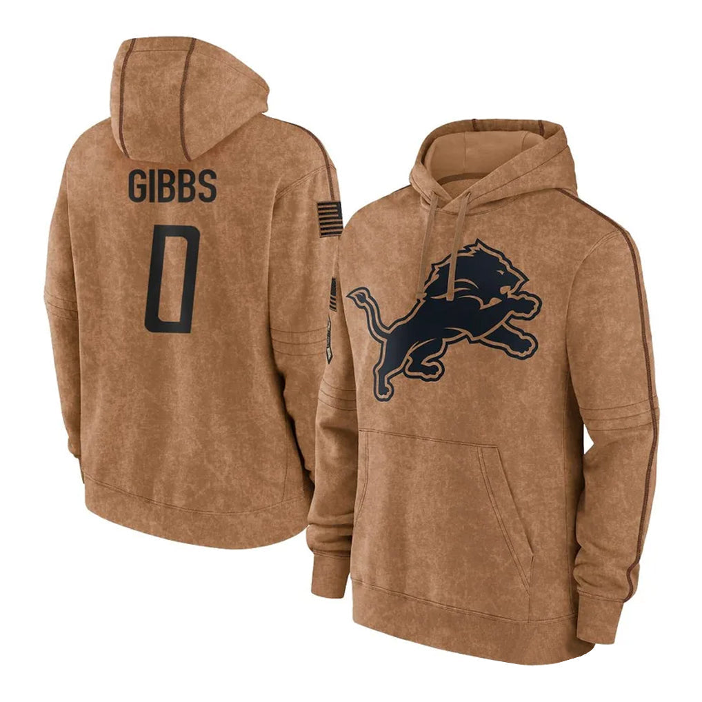 Rebec D.Lions #0 Jahmyr Gibbs Player Brown Salute to Service Hoodies Limited Game Stitched Jerseys
