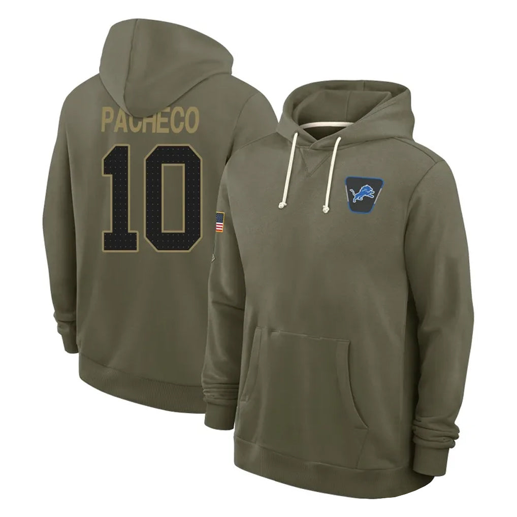 Rebec D.Lions #10 Isiah Pacheco Player Olive Salute to Service Pullover Hoodies Limited Stitched Jerseys