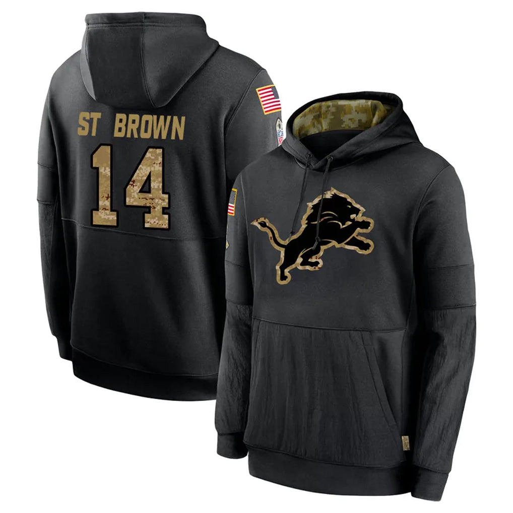Rebec D.Lions #14 Amon-Ra St. Brown Player Black Salute to Service Hoodies Limited Game Stitched Jerseys