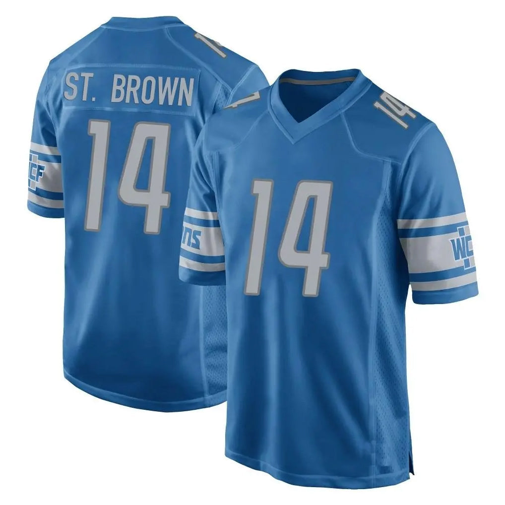 Rebec D.Lions #14 Amon-Ra St. Brown Player Blue Home Game Stitched Jerseys