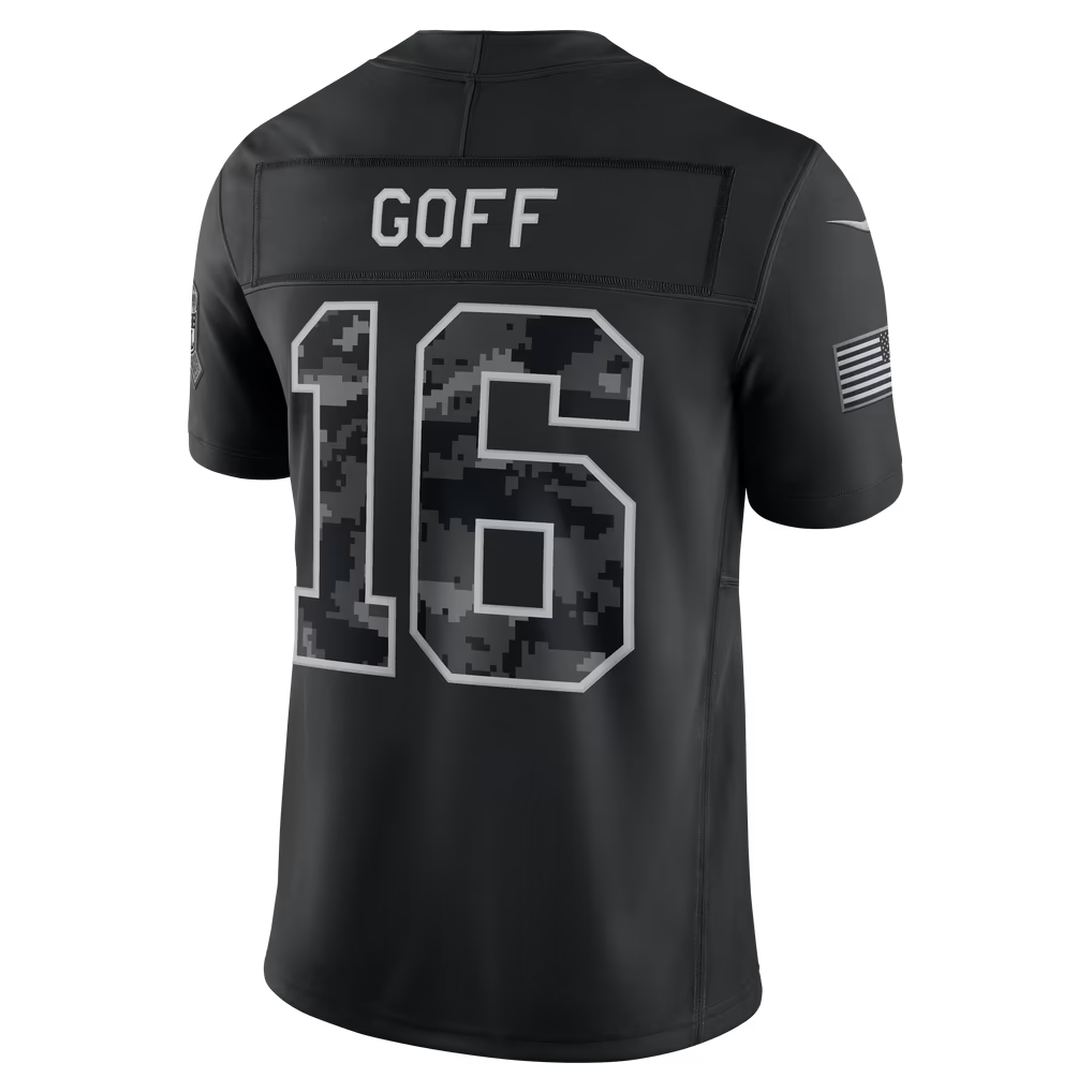 Rebec  D.Lions #16 Jared Goff Black 2026 Salute to Service Stitched Limited Jersey